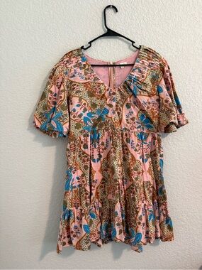 Anna Cate Pink Floral V-Neck Mini Dress with Blue Accent 100% Cotton
